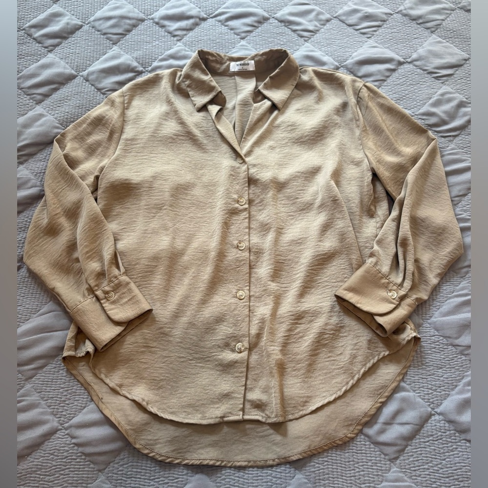 Taupe Textured Satin Button Down Blouse